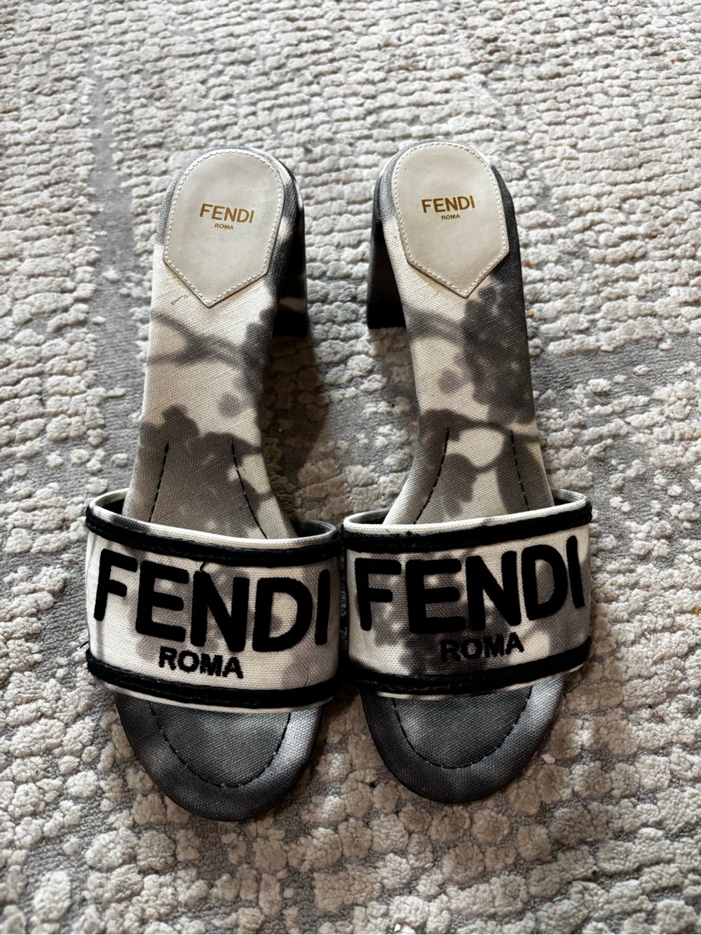 Fendi Roma Black & White Logo Slide Heels